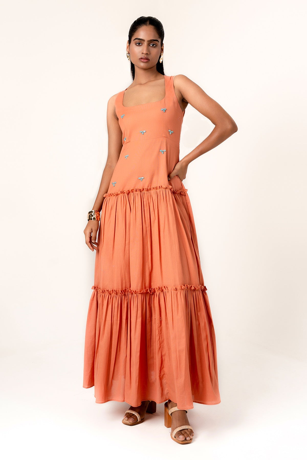 Buy Coral Cotton Gathered Maxi Dress by Seher Studio for women online at ScrollnShops